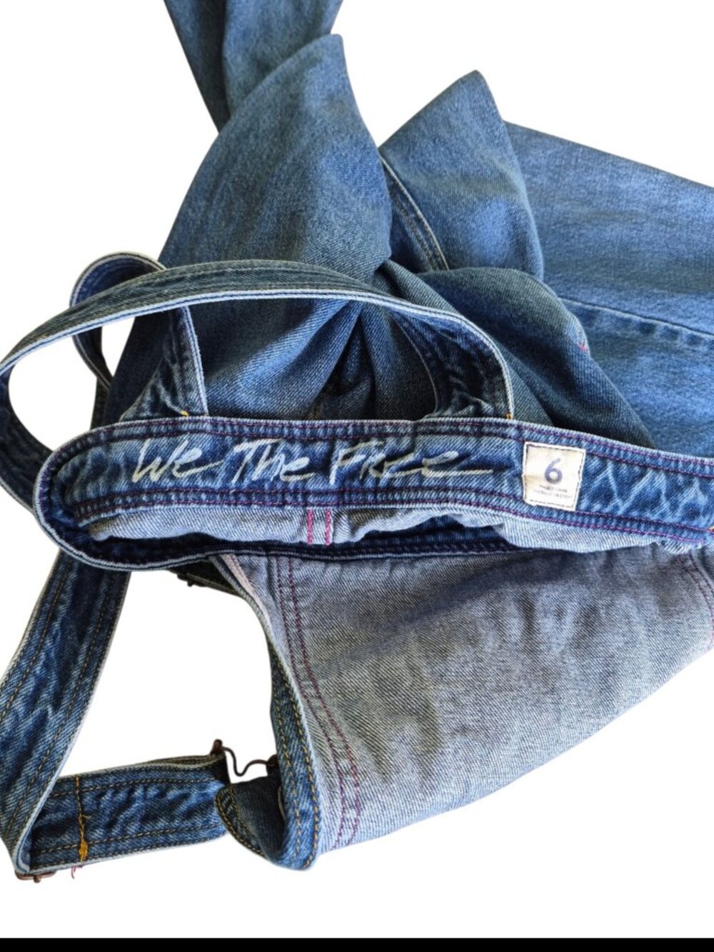 Free People Chasing Rainbows Overalls Size 6 Blue Denim Flare Rainbow Stitch Bib - Picture 8 of 16